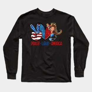 Peace Love America US Flag American Mermaid 4th of July Long Sleeve T-Shirt